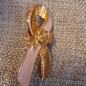 2"SIGNED AVON PINK RIBBON BREAST CANCER AWARENESS FLORAL ROSE PIN,PINBACK,SHINY,